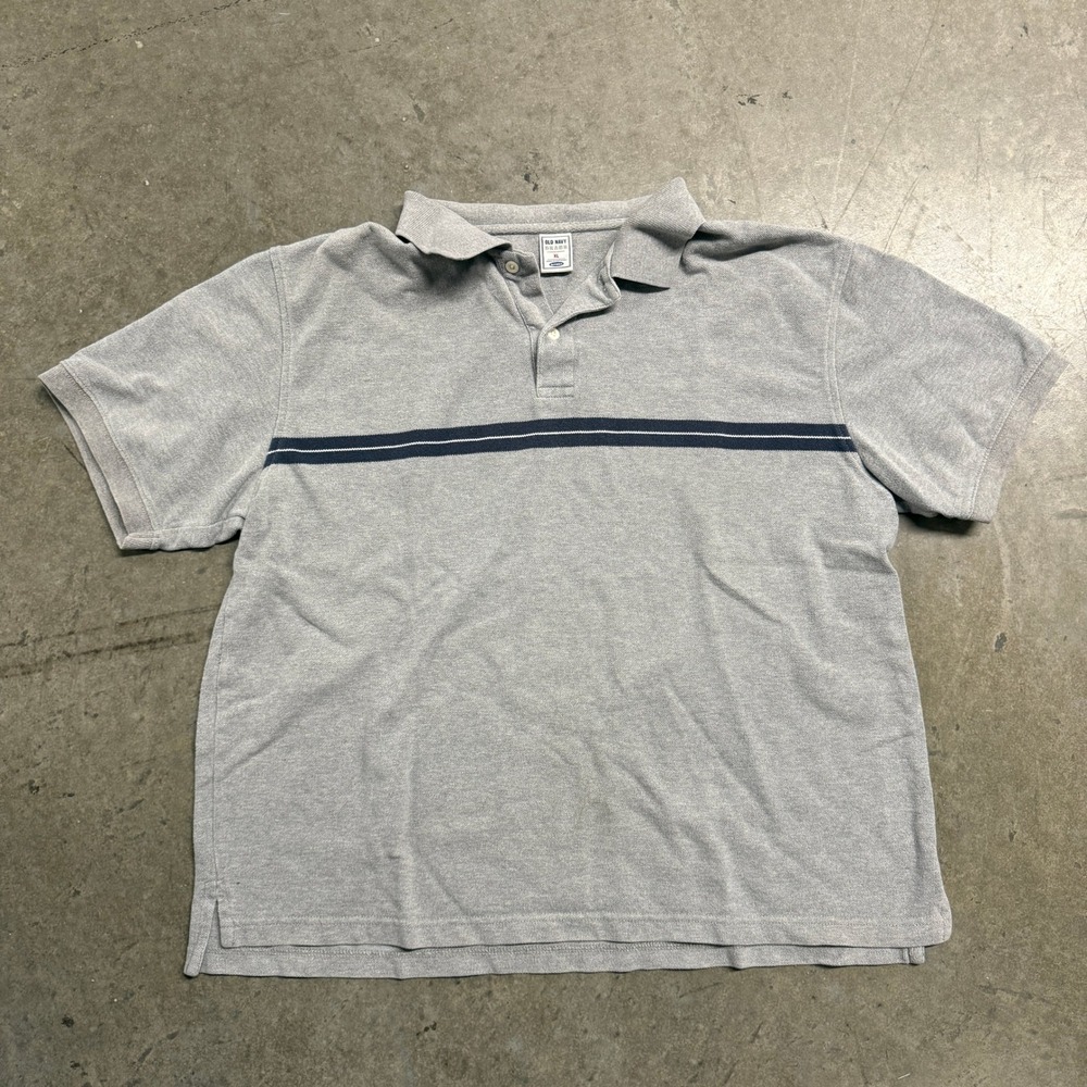 Old Navy Mens‎ XL Polo Shirt Gray Navy Blue Chest Stripe Short Sleeve Pique Knit